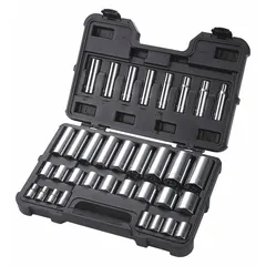 This 34-piece SAE socket set features a 1/2 in drive and 12-point design. The deep sockets range from 3/8 in to 1-3/8 in, suitable for tightening and loosening fasteners in automotive repair, industrial maintenance, and general mechanical work. Not tether capable and does not include socket bits.