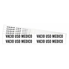 White adhesive pipe markers with black legend text reading 'Vacio Uso Medico', designed for identifying medical vacuum lines. Each marker fits pipe outer diameters from 3/4 to 2-3/8 inches. Pack includes 4 markers without arrows, supplied in a 5-pack quantity. Suitable for labeling pipes in healthcare facilities where Spanish-language identification is required.
