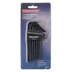 This 7-piece L-shaped key set includes Torx and Torx Plus tip sizes T10, T15, T20, T25, T27, T30, and T40 with standard ends. The keys have a black oxide finish and are supplied in an organizer. Used for manual tightening or loosening of star-drive fasteners in assembly, repair, and maintenance tasks.