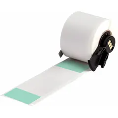 Green matte vinyl wraparound label for permanent identification of wires from 1 AWG to 500 kcmil. Measures 4 in x 1 1/2 in. Compatible with BMP71 printer series; requires M61-R4310 ribbon. Used in industrial electrical panels, control cabinets, and cable management for wire marking and compliance.