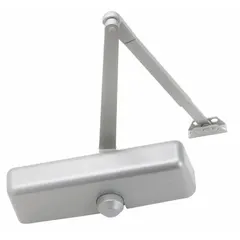 This LCN SC60A series door closer is a Grade 2 medium-duty unit with an aluminum body and parallel arm-mount configuration. It features a non-hold open closer type, adjustable spring size 4, and measures 9 1/16 inches in length. Suitable for interior or exterior use, it is ADA compliant for accessibility. Typical applications include controlling door closing speed on regular-arm installations in commercial or institutional settings.