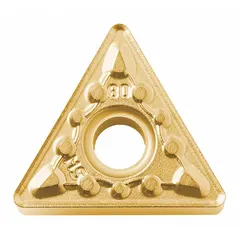 This triangle (T) indexable turning insert is made of CVD carbide. It is used for turning, facing, and profiling operations on steel and cast iron workpieces in medium-duty machining. The insert provides chip control and wear resistance for consistent surface finish and dimensional accuracy.