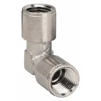 90° nickel-plated threaded low-pressure pipe fitting with 1/2 in female NPT threaded connections on both ends. Maximum operating pressure 250 psi. Used to change direction in pneumatic or fluid piping systems