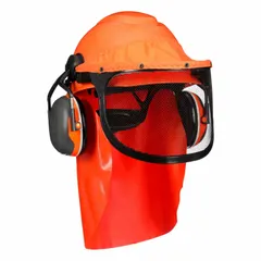 This 3M head protection kit includes an orange front-brim hard hat, an ear muff, a metal mesh faceshield, and a visor seal. It is designed for general-purpose use in industrial environments where head, face, and hearing protection are required. The kit is suitable for applications such as construction, manufacturing, and maintenance.