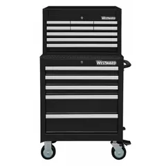 This light-duty top chest and rolling cabinet combo features 14 drawers with ball-bearing slides for smooth operation. The black powder-coated finish provides a durable surface, and the keyed locking system secures contents. Suitable for organizing tools in workshops, garages, and maintenance facilities.