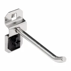 This 30-degree single hook is designed for organizing tape tools on square-hole pegboard. Made of brushed stainless steel with a silver finish, it includes ABS retainers for secure surface mounting. The 3 in hook depth accommodates tape rolls while the locking system prevents accidental dislodging. Suitable for workshops, garages, and retail displays requiring tool visibility and quick retrieval.