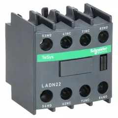 Front-mounted auxiliary contact block for TeSys F series contactors and starters. Provides 2 normally open and 2 normally closed contacts rated at 10 A AC for control and signaling functions in motor control panels.