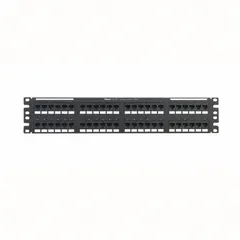 48-port, 2-rack-unit flat patch panel for terminating Category 6 unshielded cabling. Steel chassis with rear IDC termination and front numbered port labeling. Supports Power Over HDBaseT (POH). Suitable for data centers and network closets.