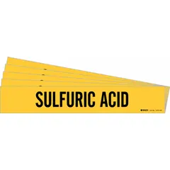 Yellow adhesive pipe marker with black legend reading 'Sulfuric Acid,' for pipes with outer diameter 8 inches and larger. Pack of 5 markers without directional arrows. Used to identify pipes carrying sulfuric acid in industrial facilities, aiding in hazard communication and preventing accidental exposure.