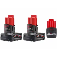 This battery kit includes three MILWAUKEE M12 batteries with capacities of 3 Ah and 2.5 Ah, operating at 12V DC. It provides portable power for M12 cordless tools such as drills, impact drivers, and ratchets, suitable for light assembly, maintenance, and repair tasks.