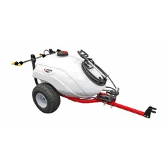This ATV and UTV trailer sprayer features a 50-gallon tank and a maximum pressure of 45 psi. It is designed for towing behind all-terrain vehicles and utility vehicles to apply fertilizers, herbicides, and pesticides over large areas. Suitable for lawn, garden, and agricultural spraying applications.