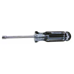 This SAE standard nut driver has a 3/16-inch tip size and a hollow round shank that accommodates longer threaded fasteners. It is designed for driving and removing hex nuts and screws in assembly, maintenance, and repair tasks. The tool is non-magnetized and features a straight design.
