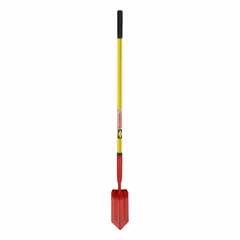 Trenching shovel with a 14-gauge steel blade in red finish and a yellow fiberglass straight handle. Designed for cleaning and shaping narrow trenches, removing loose soil and debris from trench bottoms.