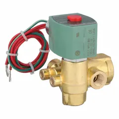 This REDHAT solenoid valve is a 3-way/2-position, normally closed type with quick exhaust function. It has a 1/4 in pipe size and operates at 120V AC (110V AC/120V AC). The coil enclosure is without a junction box. Typical applications include pneumatic systems for rapidly venting pressure from actuators, cylinders, or valves in industrial automation and process control.