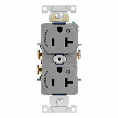 General-purpose duplex receptacle rated 125V AC, 20 A, with NEMA 5-20 configuration, 2 pole/3 wire. Gray finish. Suitable for powering equipment and appliances in commercial and industrial settings, including lighting and office machines.
