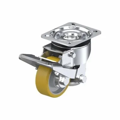 BLICKLE Plate Caster: Polyurethane Tread, Steel, 80 mm Wheel Dia, 117 mm Mounting Ht - Quick-Engage Pedal-Style Leveling Plate Casters