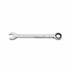 This SAE 12-point ratcheting combination wrench features a 1 in head size and a full polish chrome finish. The ratcheting box end allows efficient one-sided operation in confined spaces, while the open end provides standard wrench functionality. Suitable for tightening and loosening fasteners in automotive repair, industrial maintenance, and mechanical assembly.