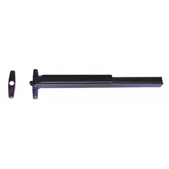 Rim-type exit device with touchbar style, bronze finish, and night latch outside trim. ADA compliant. Suitable for commercial doors requiring safe egress and key-locked exterior entry.