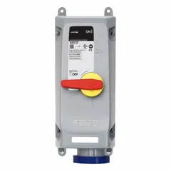 This LEVITON mechanical interlock is rated for 277/480V AC, three-phase, 100 A, 4-pole, 5-wire applications. It is designed for washdown environments and does not include reverse service capability. The interlock provides a mechanical means to prevent accidental disconnection under load, suitable for industrial power connections requiring washdown-rated protection.