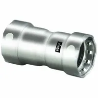This stainless steel press fitting features a press-fit x press-fit connection with an FKM seal. It is designed for joining pipes in plumbing, HVAC, and industrial piping systems. The fitting accommodates 3/4 in pipe on both ends