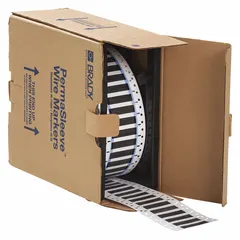 Polyolefin sleeve label roll with black matte finish, precut to 1/4 in x 2 in. Designed for wire identification on 8 AWG to 16 AWG conductors. Compatible with BBP72 printer series for on-demand printing. Used in industrial control panels, electrical cabinets, and equipment labeling.