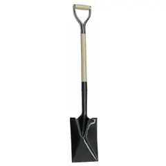 This garden spade features a 14-gauge steel blade with a black finish and a natural wood handle with a D-grip. The 30-inch handle length provides leverage for digging, edging, and transplanting in garden and landscaping applications.