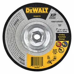 This depressed center grinding wheel is designed for carbon and stainless steel. The ceramic 24-grit construction and cool-cutting formulation reduce heat buildup during use. Suitable for weld removal, beveling, and surface preparation in metal fabrication and maintenance. Type 27, 7" x 1/4" x 5/8"-11 arbor.