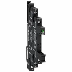 This DIN-rail mounted slim socket from SCHNEIDER provides a screw clamp electrical connection for interface relays. It is used in industrial control panels to mount and wire relays for automation and process control applications.