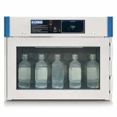 This benchtop warming cabinet features a touch screen interface and a glass door. It maintains a temperature range of 90°F to 110°F. Overall dimensions are 30 inches wide by 26 5/8 inches deep. Suitable for controlled warming in commercial kitchens, laboratories, or healthcare settings.