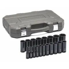 This SAE impact socket set is designed for use with impact wrenches in heavy-duty fastening applications. The set includes sockets ranging from 3/8 in to 1 1/2 in with a 3/8 in drive. The manganese phosphate finish provides corrosion resistance, and the friction design helps retain sockets on the tool during high-torque operations.
