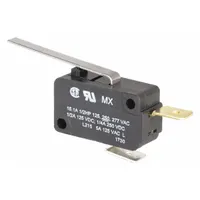 Miniature snap-action switch from the V7 series with a hinge lever actuator and normally closed (1NC) contact configuration. Rated for 15 A at 250 V AC, it connects via quick-connect terminals. Suitable for position sensing, limit detection, and safety interlocks in industrial equipment such as conveyors, packaging machines, and HVAC systems