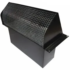 Rectangular wall cap made from 25 ga steel with black epoxy finish. Features press-fit connection, backdraft damper, and insect screen. Used to terminate exhaust ducts on exterior walls in ventilation systems.