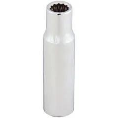 This 1/2" drive hand socket features a 32 mm metric size with a 12-point deep configuration, allowing access to recessed or extended fasteners. Constructed from chrome, it is suitable for tightening or loosening bolts in automotive, machinery, and industrial maintenance tasks.