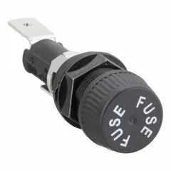 Single-pole panel mount fuse holder for 1/4 in x 1 1/4 in glass and ceramic cylindrical fuses. Rated 20 A max at 250 V AC with screw knob cap and 1/4 in quick-connect terminals. Suitable for overcurrent protection in electrical enclosures and control panels.
