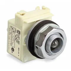 Incandescent pilot light for industrial control panels, providing visual indication of equipment status such as power-on or machine running. Part of the 9001K series, with 30 mm panel mounting size. No lens included, allowing use with custom lenses or direct bulb visibility. No push-to-test function.