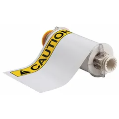 White vinyl label roll with preprinted CAUTION header, available in 7 in x 10 in and 10 in x 7 in sizes. Features acrylic adhesive for bonding to various surfaces. Compatible with BBP85 printer series for on-demand printing. Used for industrial safety signage such as hazard warnings and equipment labels.