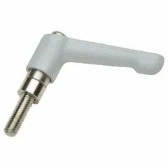 Lever kit made of zinc, designed for use with Ruland MT10 Modular Mounting System Components. Provides manual clamping and adjustment in industrial automation, conveyor rail setups, and sensor mounting frames. Dimensions: 30 mm length, 30.5 mm height. Bracket hole size: no hole.