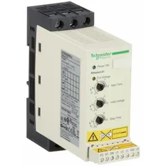 Soft start for three-phase induction motors, reducing inrush current and mechanical stress. Output current 9 A, control voltage 110-240V AC, with integrated bypass. Enclosure IP00/NEMA 1. Suitable for pumps, fans, compressors, and conveyors.