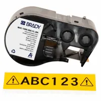 Continuous label roll cartridge integrating label and ribbon for streamlined loading. Vinyl material with black-on-yellow printing. Designed for use with the M410 printer series. Suitable for industrial labeling tasks such as asset identification, safety warnings, and pipe marking