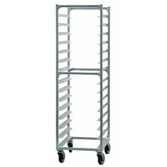 This standard-duty end-loading sheet pan rack holds full-size 13 x 18 in pans across 15 slots with 4 in spacing between shelves. Constructed of silver aluminum, it supports up to 700 lb and is NSF certified for foodservice use. Dimensions: 20 3/8 in wide by 26 in deep.