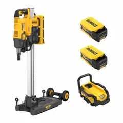 This cordless core drill features a brushless motor and a 6 3/8 in coring capacity in concrete. It operates on a 60V DC system and includes two 10 Ah batteries, a charger, and a stand. Typical applications include drilling large-diameter holes in concrete, brick, and masonry for plumbing, electrical, and HVAC installations.
