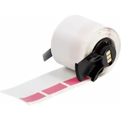 Precut vinyl label roll for wire and cable identification. Red matte finish resists abrasion and chemicals. Designed for 10 AWG to 4 AWG wire gauge. Compatible with BMP71 printer series; requires M7-R4300 ribbon.