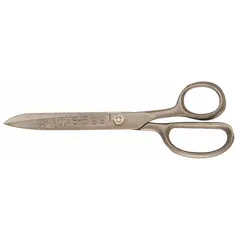 Straight, pointed non-sparking scissors made of aluminum bronze with a natural bronze finish. 12-inch overall length, right-hand use. Suitable for cutting gaskets in environments where spark prevention is required.