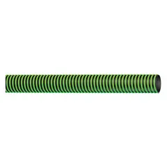 This thermoplastic rubber hose is designed for water suction and discharge in industrial, construction, and agricultural applications. It features polyethylene helix reinforcement for crush resistance and flexibility. Rated at 43 psi, with a 3 in inside diameter and 50 ft length, it operates from -40° to 180°F. The hose is black with black/green type designation.