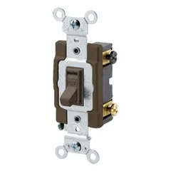 Double-pole maintained toggle switch rated 15 A at 120/277V AC. Brown finish, non-illuminated. Suitable for applications requiring simultaneous disconnection of both line and neutral conductors, such as motor or lighting disconnects.