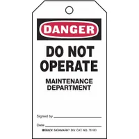 Tag: Danger, 3 in Wd, 5 3/4 in Ht, Black/Red/White, Rectangle, Polyester, Outdoor, English, 25 PK (MPN 76180)
