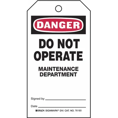 BRADY Tag: Danger, 3 in Wd, 5 3/4 in Ht, Black/Red/White, Rectangle, Polyester - Safety