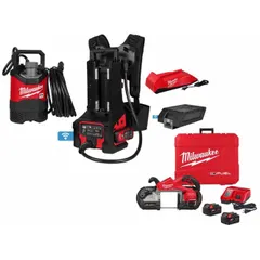This combination kit includes an M18™ portable band saw and an M18™ transfer pump, both powered by 18 V DC to 72 V DC. The band saw is suited for cutting metal pipe, conduit, and strut, while the transfer pump handles water, coolants, and light oils. The kit provides cordless portability for on-site cutting and fluid transfer tasks.