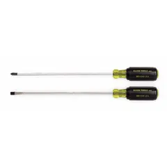 This 2-piece screwdriver set includes Phillips and slotted tip drivers with a 1/4 in tip size. Designed for general-purpose fastening tasks in electrical, construction, and maintenance applications. Suitable for use on panels, outlets, and equipment.