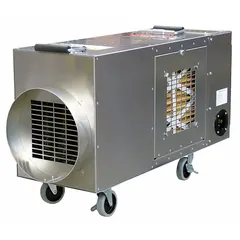 Portable electric heater for structural drying, sanitizing, and emergency heating. Delivers 11 kW output at 200/240V AC single-phase. Variable speed control. Requires cord (NEMA plug configuration: requires cord). Dimensions: 18 in x 11 in x 30 in.